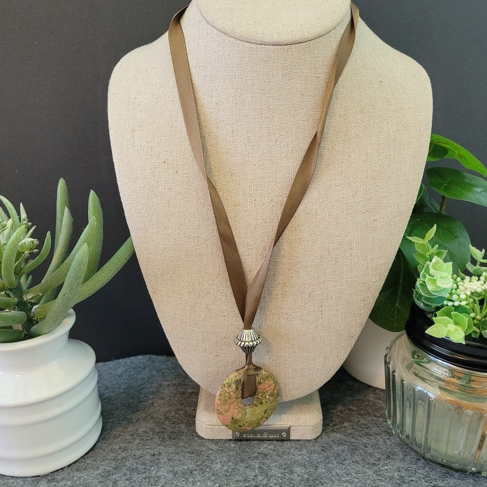 Unakite Gemstone Donut Pendant Handcrafted Ribbon Necklace 20in